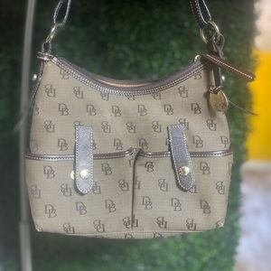 Dooney Bourke Brown DB Logo Monogram Leather Zip Hobo Shoulder Bag